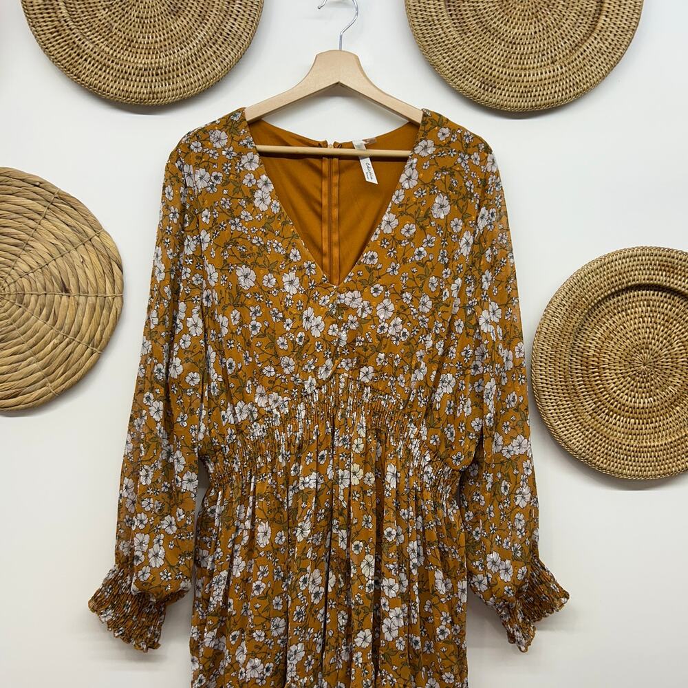 NY Collection Long Sleeve Midi Dress Plus Size 2X Flower Floral Yellow Feminine - Picture 4 of 9